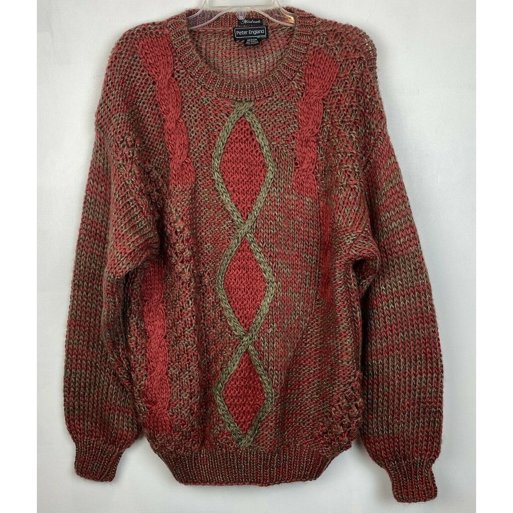 Ski Sweater Mens M Cable Chunky Knit Red Gray Handmade Acrylic Peter England